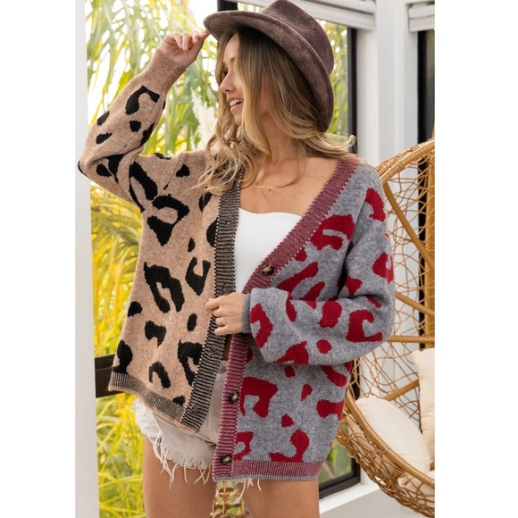 BiBi Sweaters - Bibi- Leopard Print Colorblock Cardigan